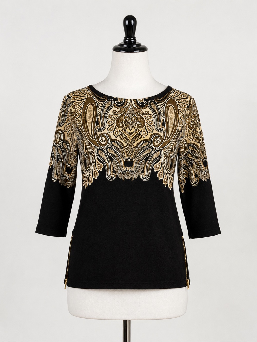 Rafaella Women’s Large Black & Gold Paisley 3/4 Sleeve Cotton Blouse EUC